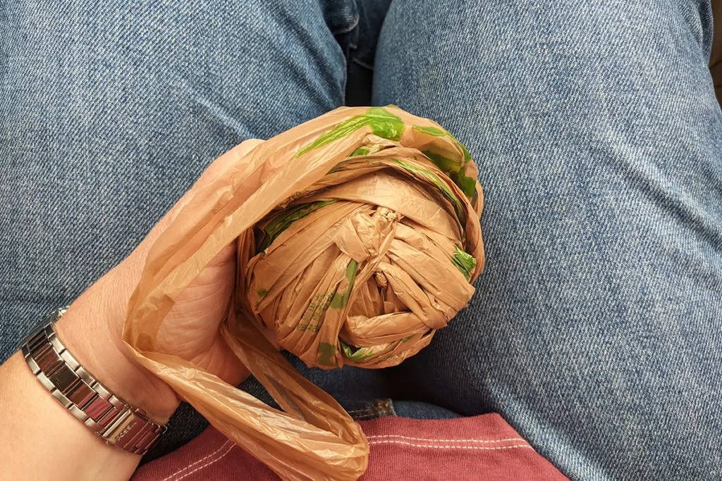 Plastic bags made into "plarn" or plastic yarn.