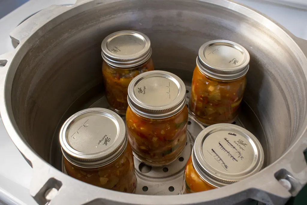 The jars of hot-packed ratatouille are in the pressure canner. I have not put the lid on the canner yet.