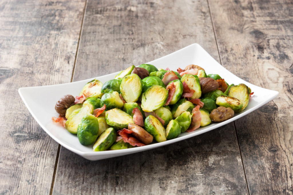 A dish with brussels sprouts and chestnuts