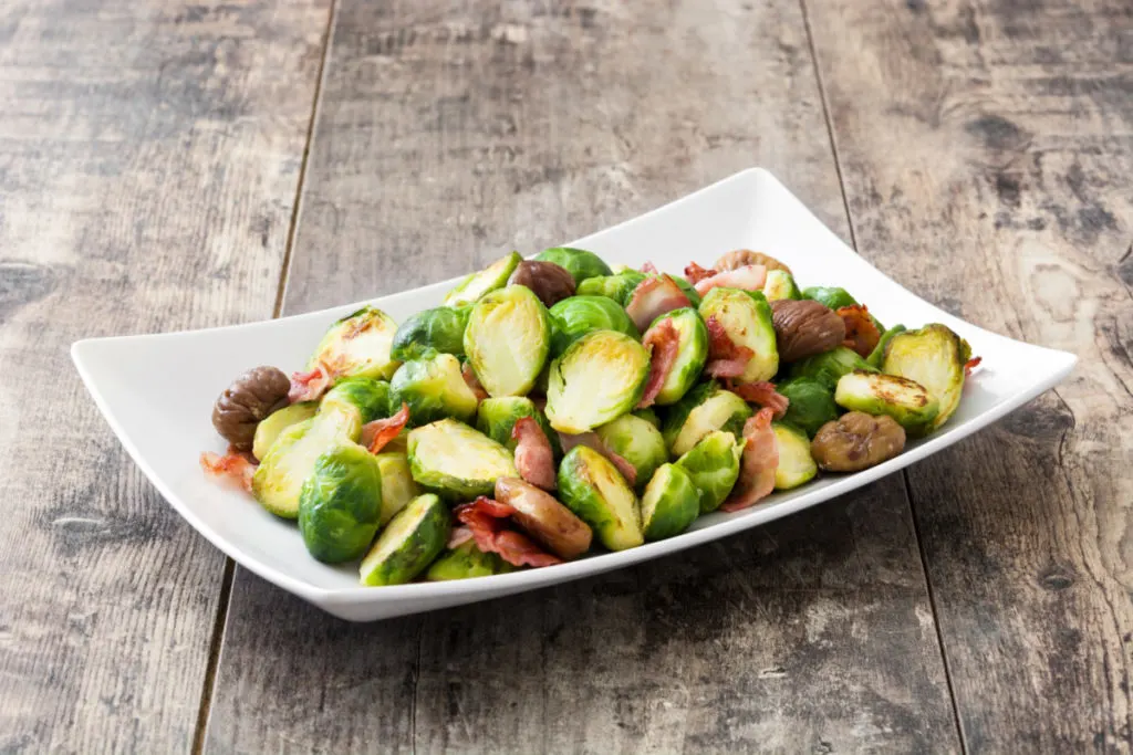 A dish with brussels sprouts and chestnuts