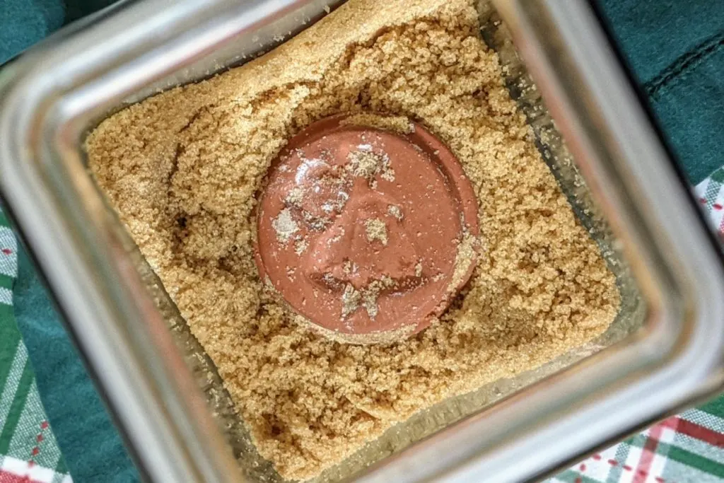 overhead view of jar of brown sugar with terracotta sugar disc