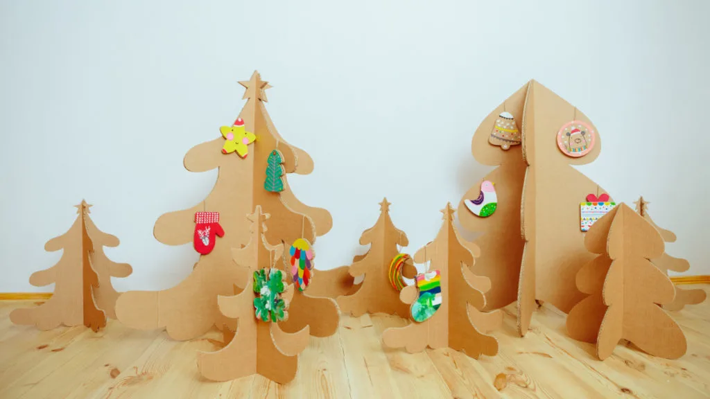 A tiny forest of Christmas trees made of cardboard