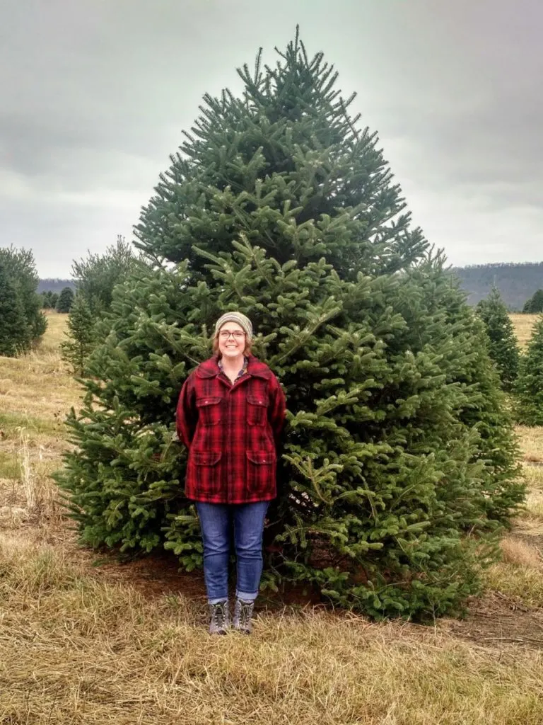 The author standing in a field in front of a giant Christmas tree