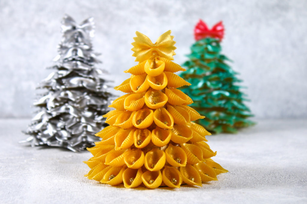Christmas trees made with dried pasta