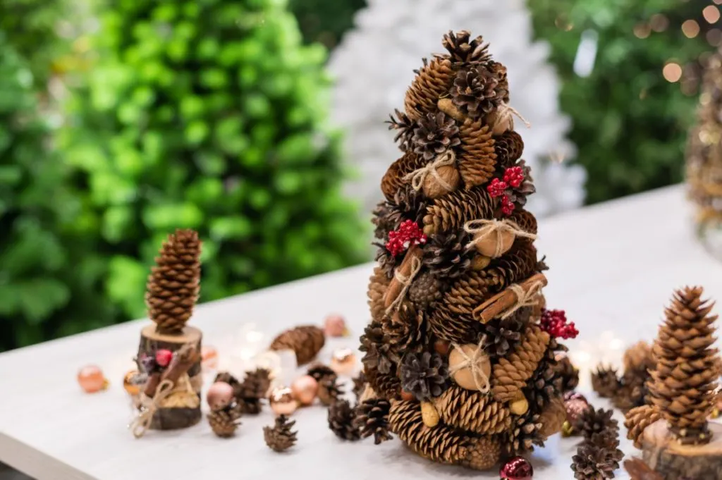 Pinecones stacked to resemble Christmas tree
