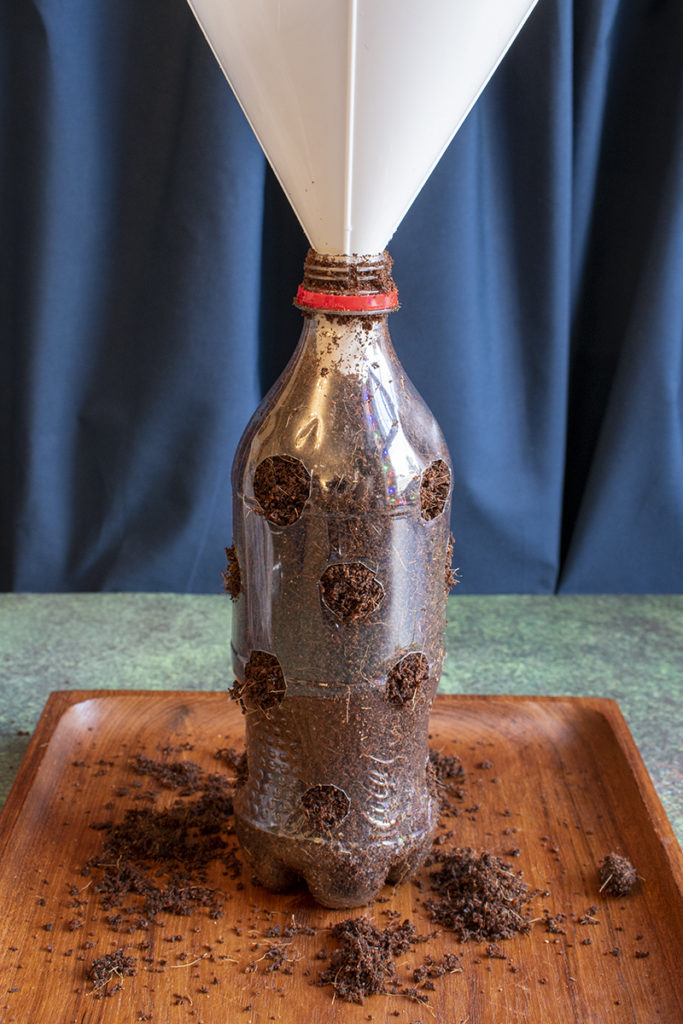 Soda bottle filled with soil, funnel in top. 
