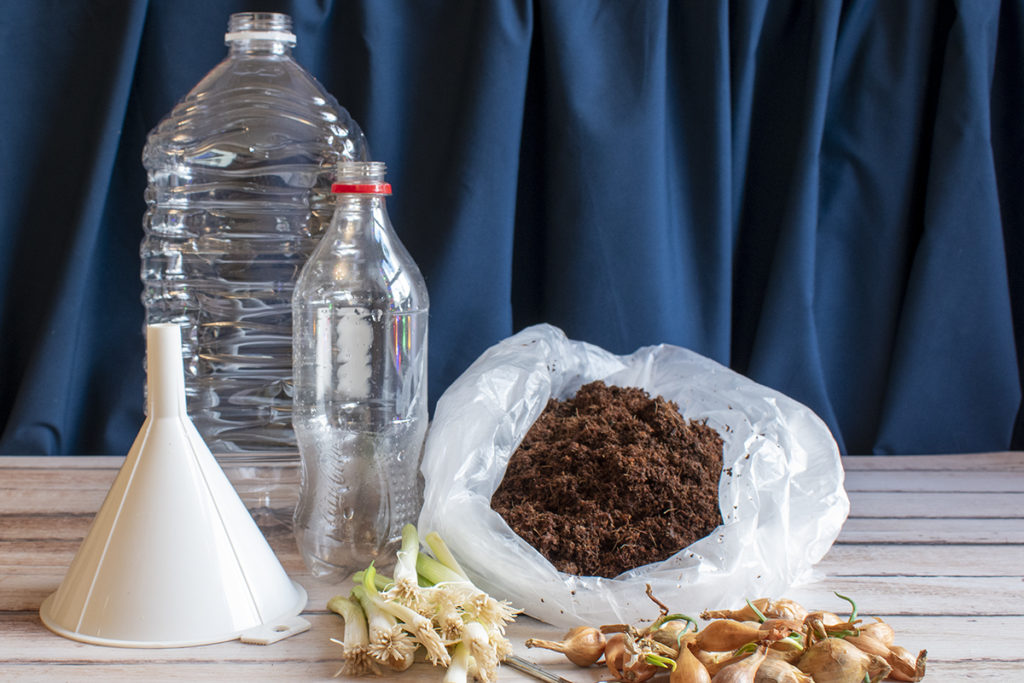 Empty bottles, a bag of soil, onion bulbs, scallion bottoms and a funnel.