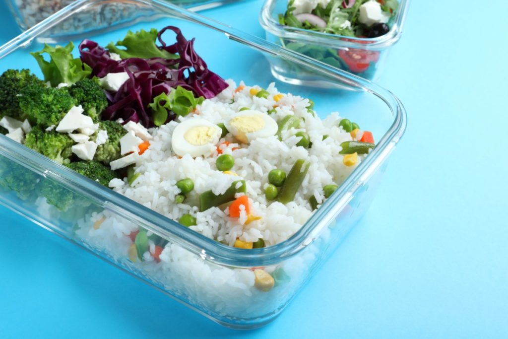 Glass food storage container with leftovers