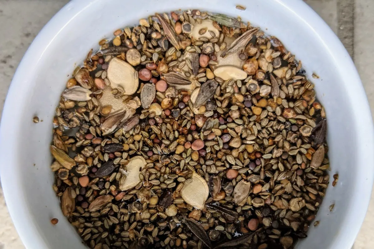 Bowl of seeds with water.