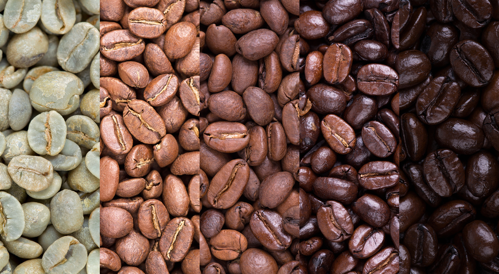 Roasted coffee beans from light to dark.