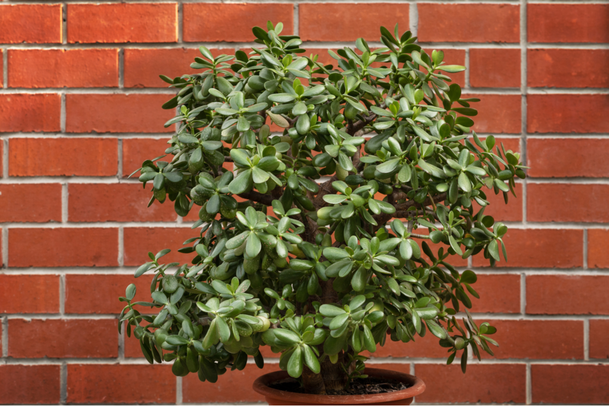 Large bushy jade plant in front of brick wall