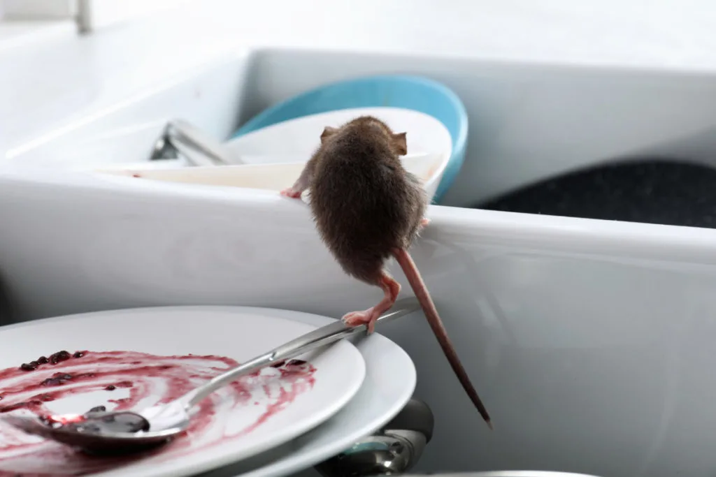 Mouse climbing into sink