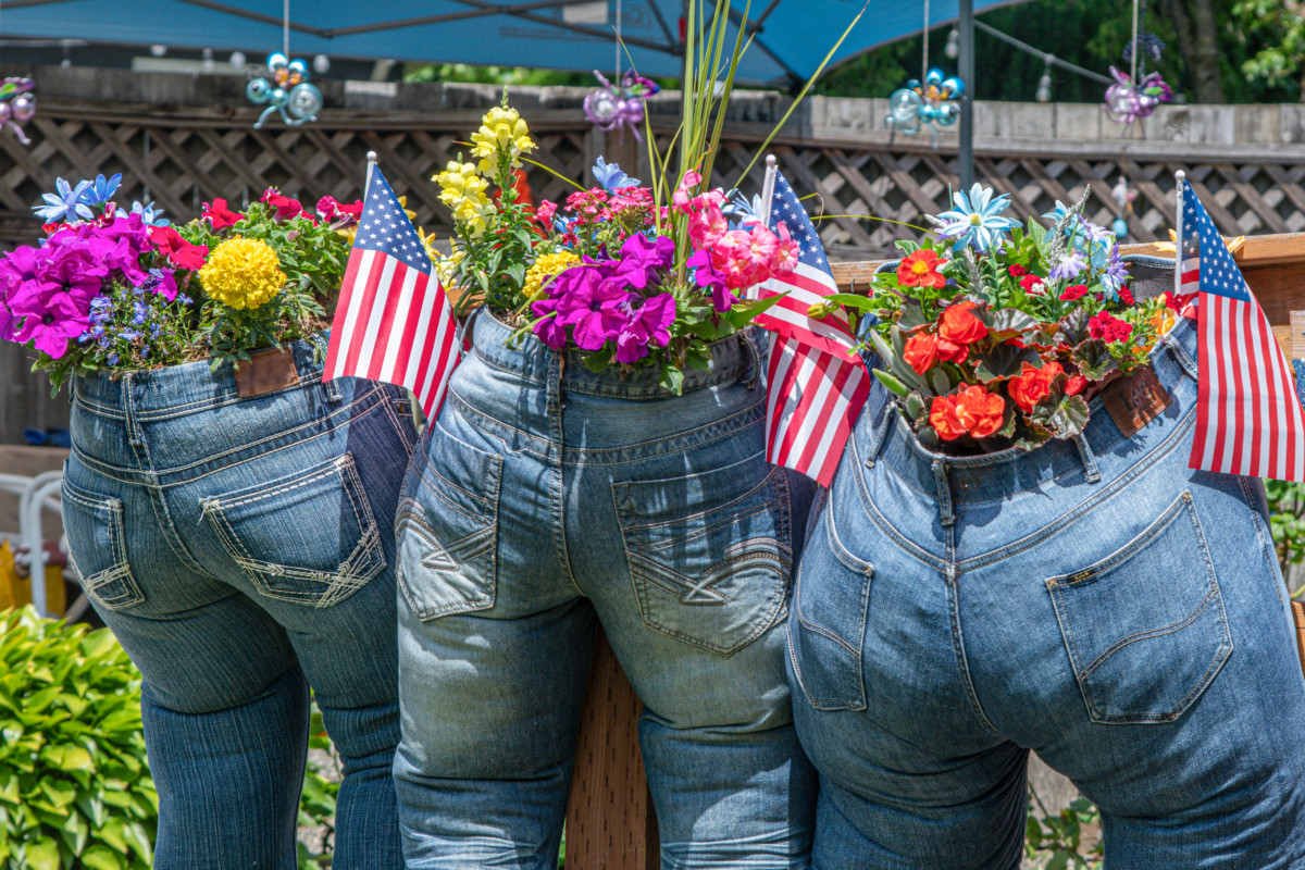 Jeans repurposed as flower planters