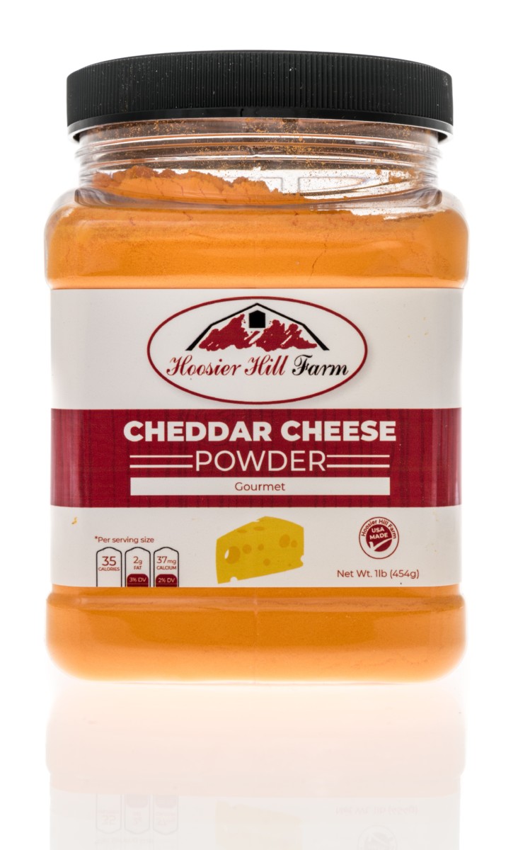 A large jar of powdered cheddar cheese.