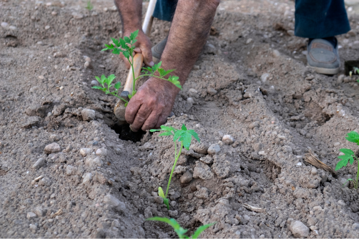 Person planting tomato seedlings