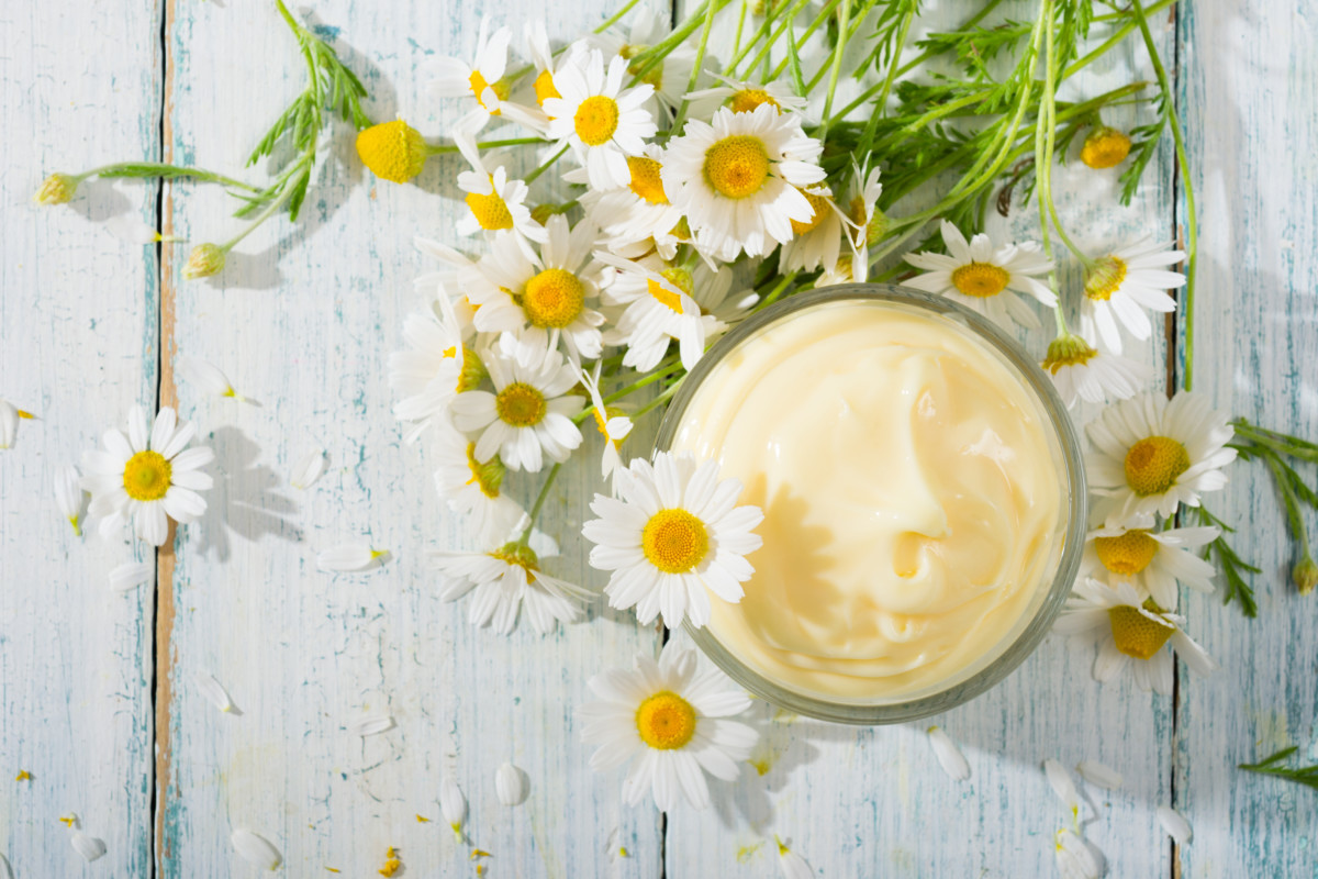 Whipped chamomile lotion with chamomile blossoms