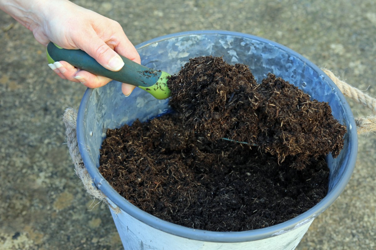A bucket of compost. Someone holding  a trowel.