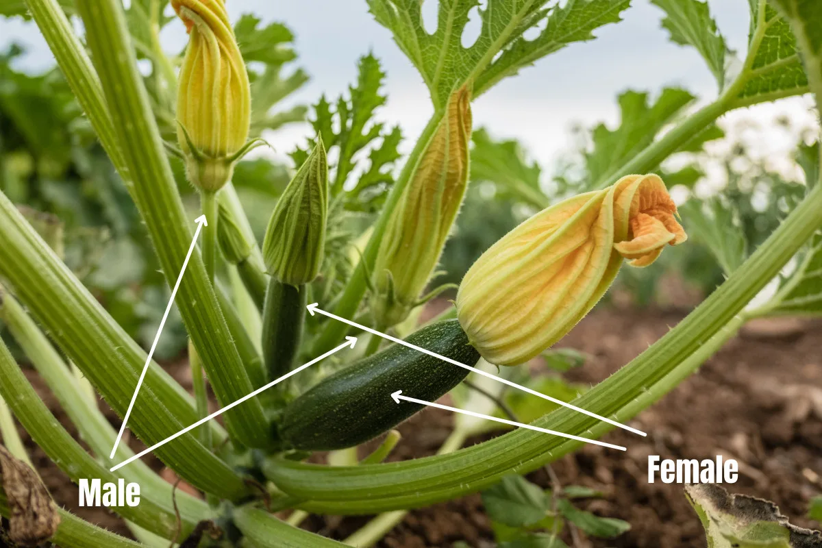 Photo of zucchini plant with text showing which blooms are male and which are female