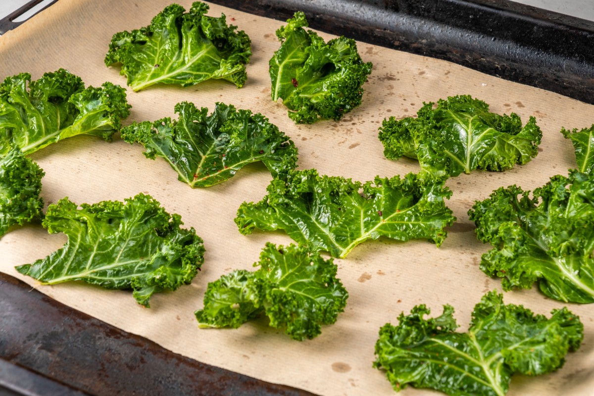  Kale chips on baking sheet
