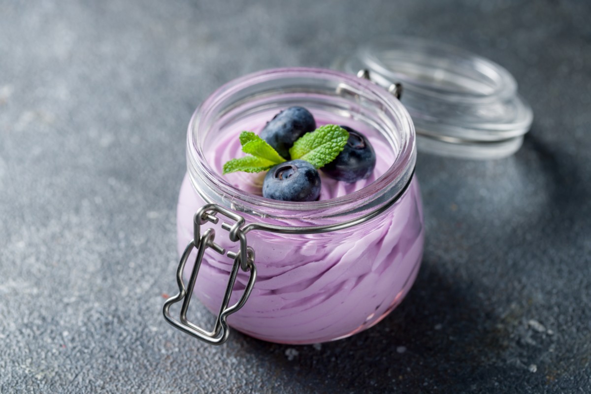 Creamy blueberry mousse in a jar