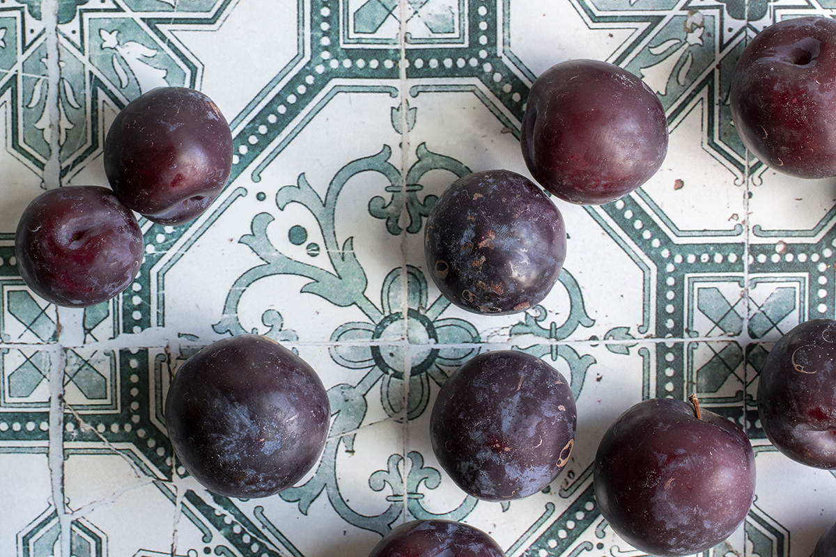 Overhead view of purple plums on tiled surface