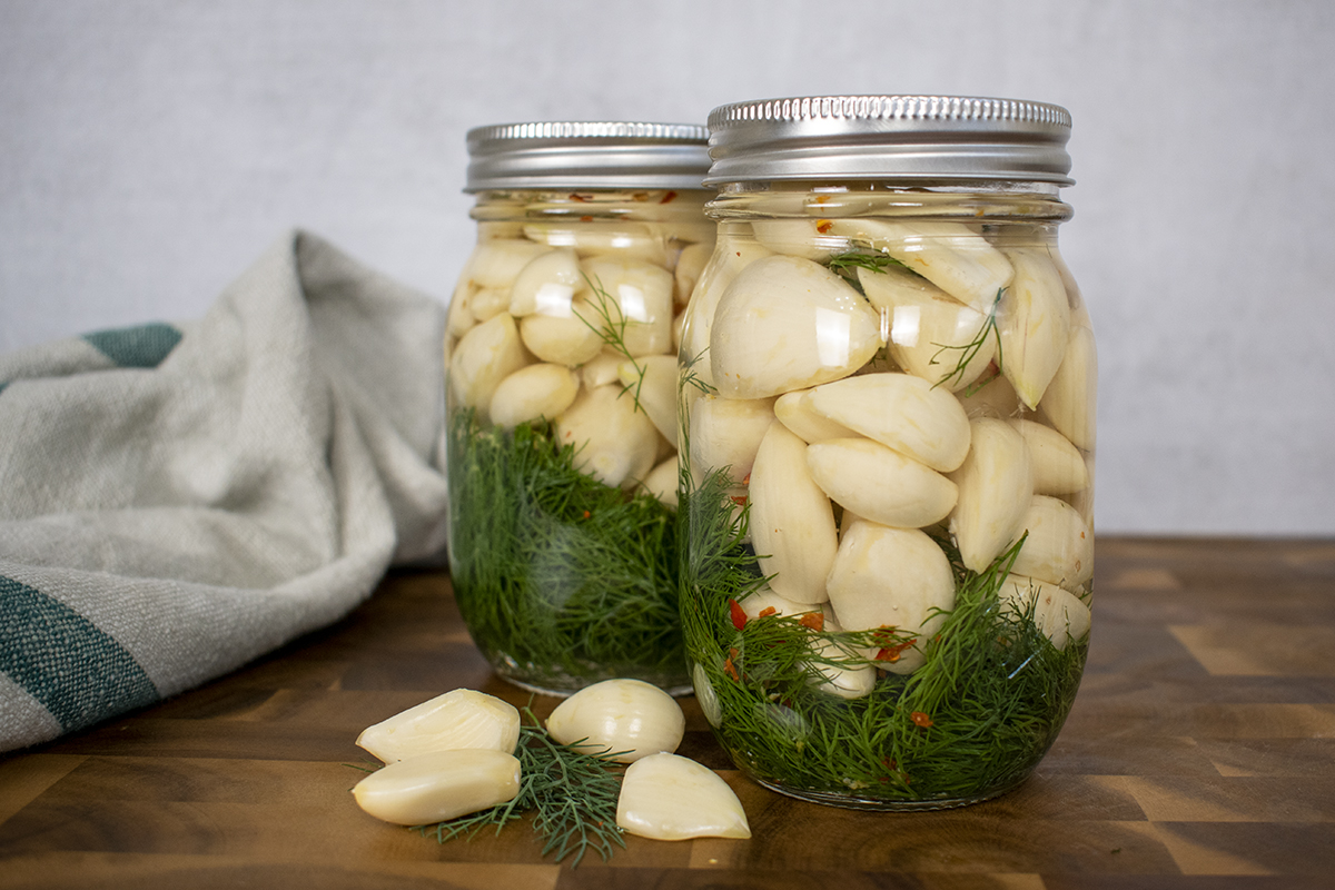 Two jars of quick pickled garlic