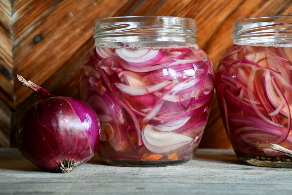 Finished jars of pickled red onions.