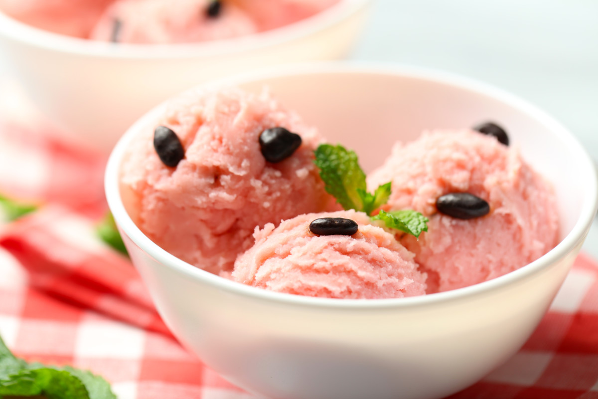 Bowl of pink watermelon ice cream