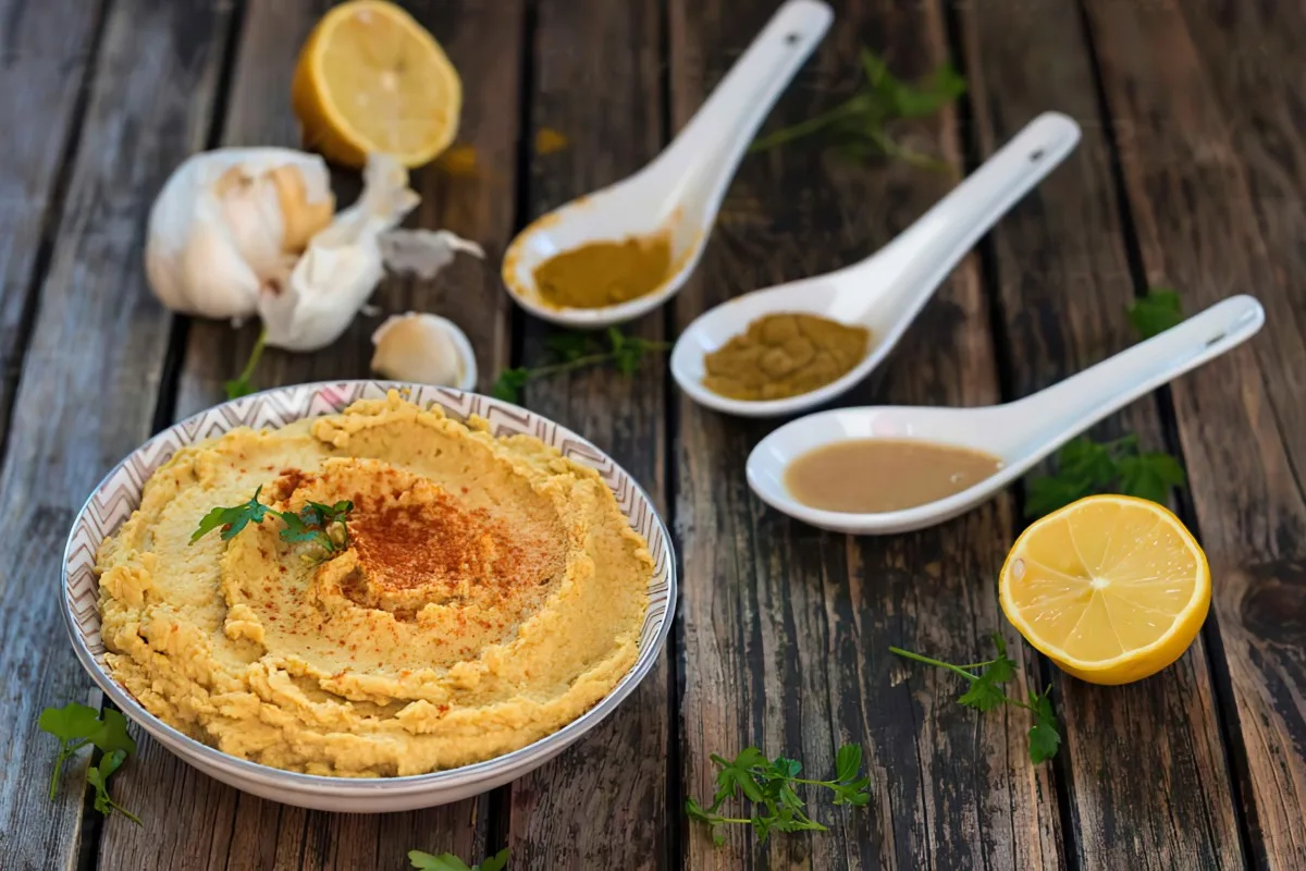Small dish of homemade garlic hummus surrounded by spoonfuls of spices