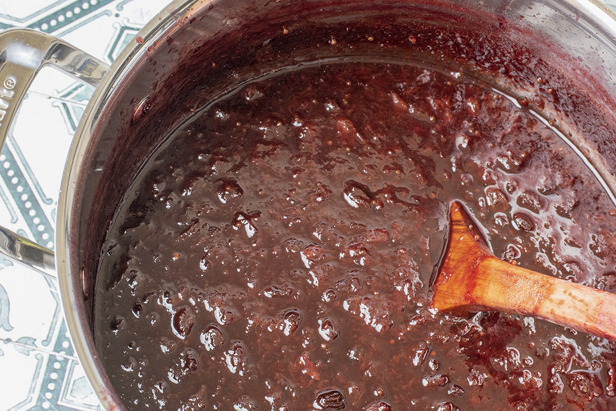 Pot of spiced plum chutney, just finished cooking