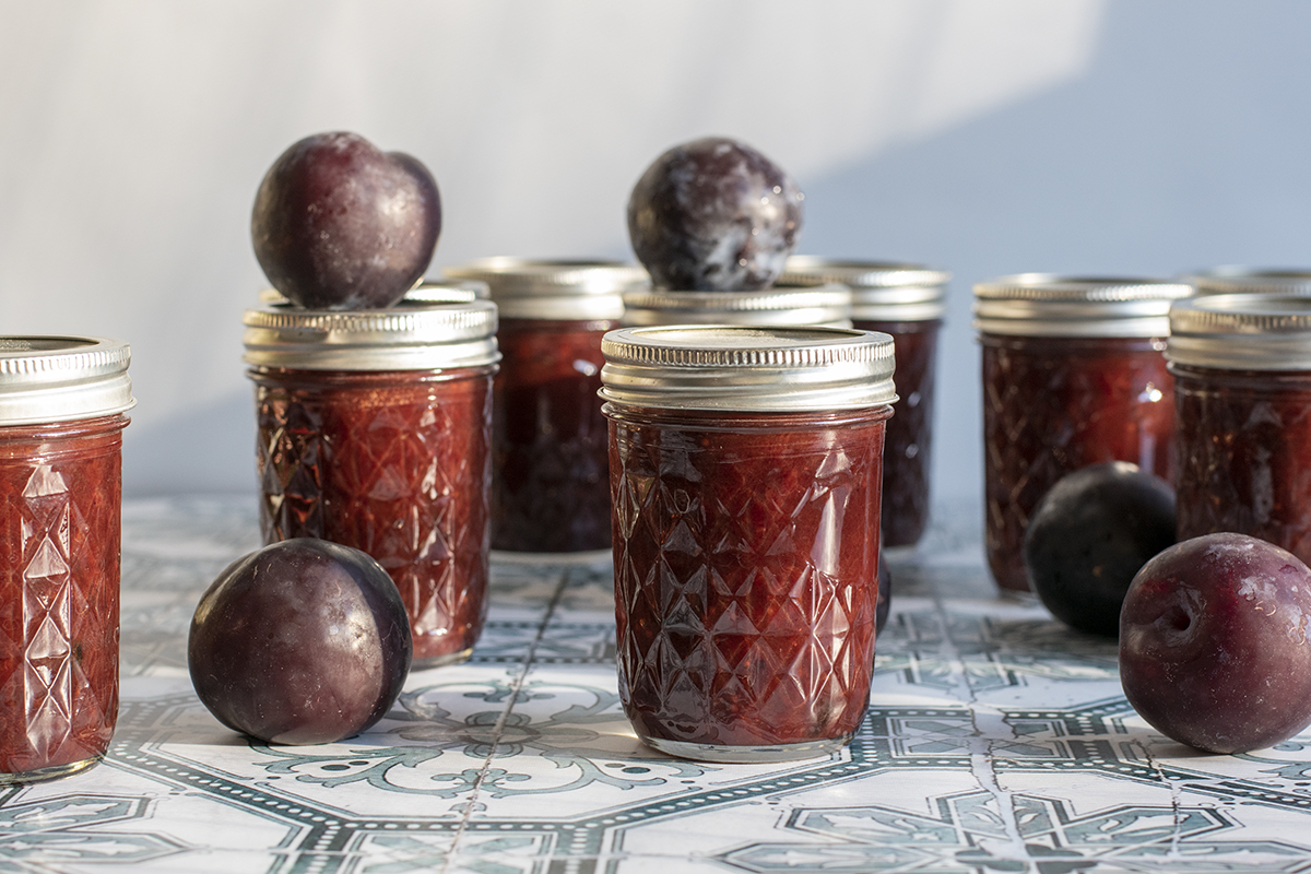 Jars of canned plum chutney in the sun.