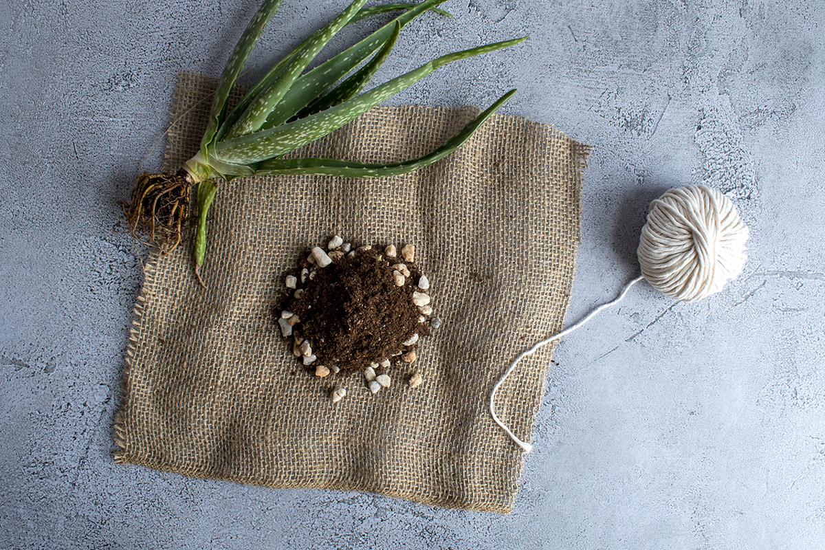 Burlap square with pebbles and coconut coir in the center. Ball of cotton twine and aloe plant to the side.