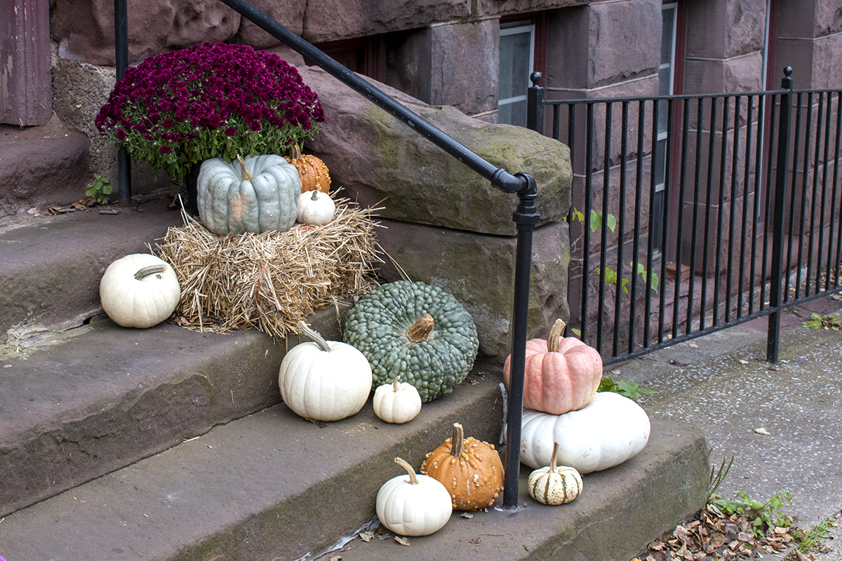 A lovely fall display of pumpkins, a hay stack and a mum on a stoop.