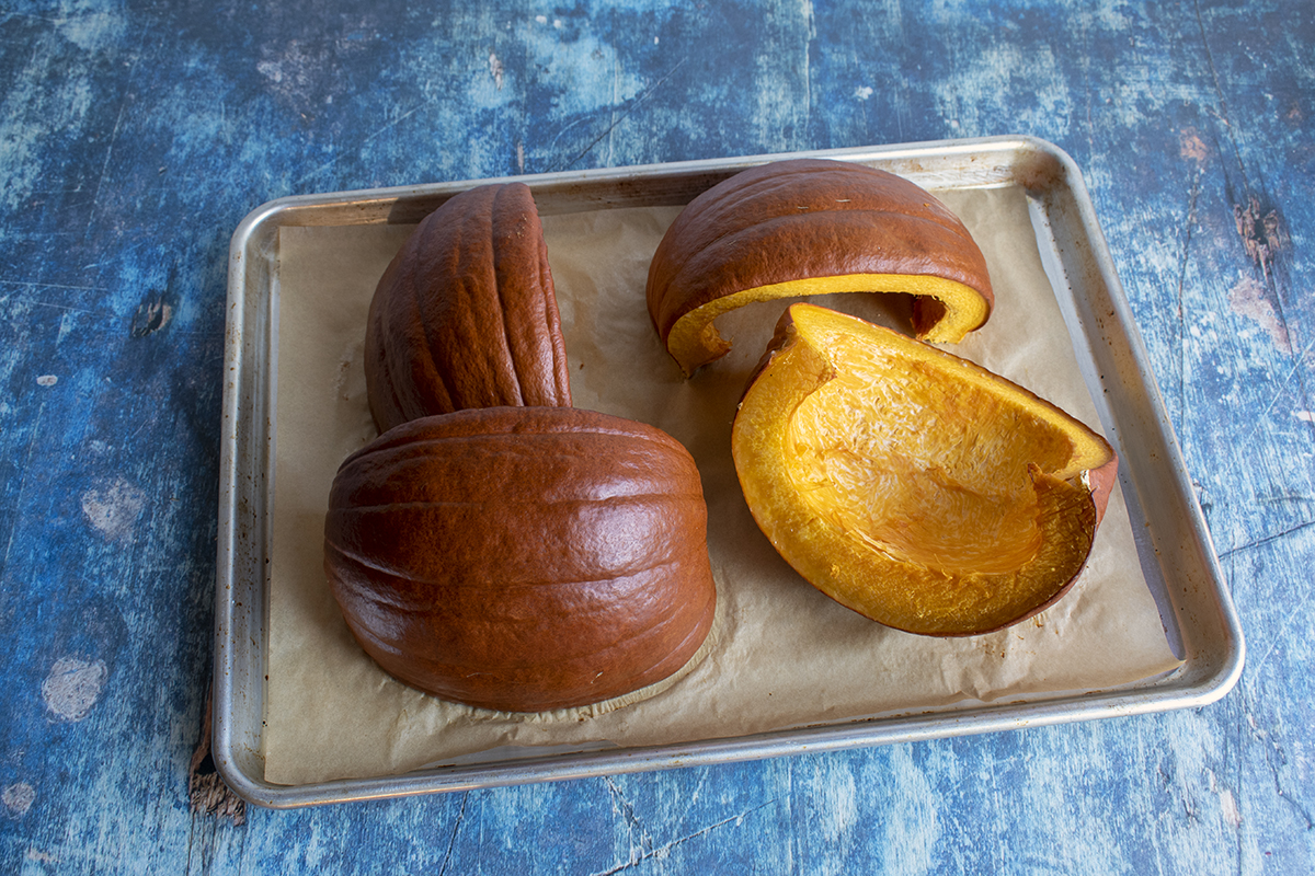 Baked pumpkin wedges to blend into puree.