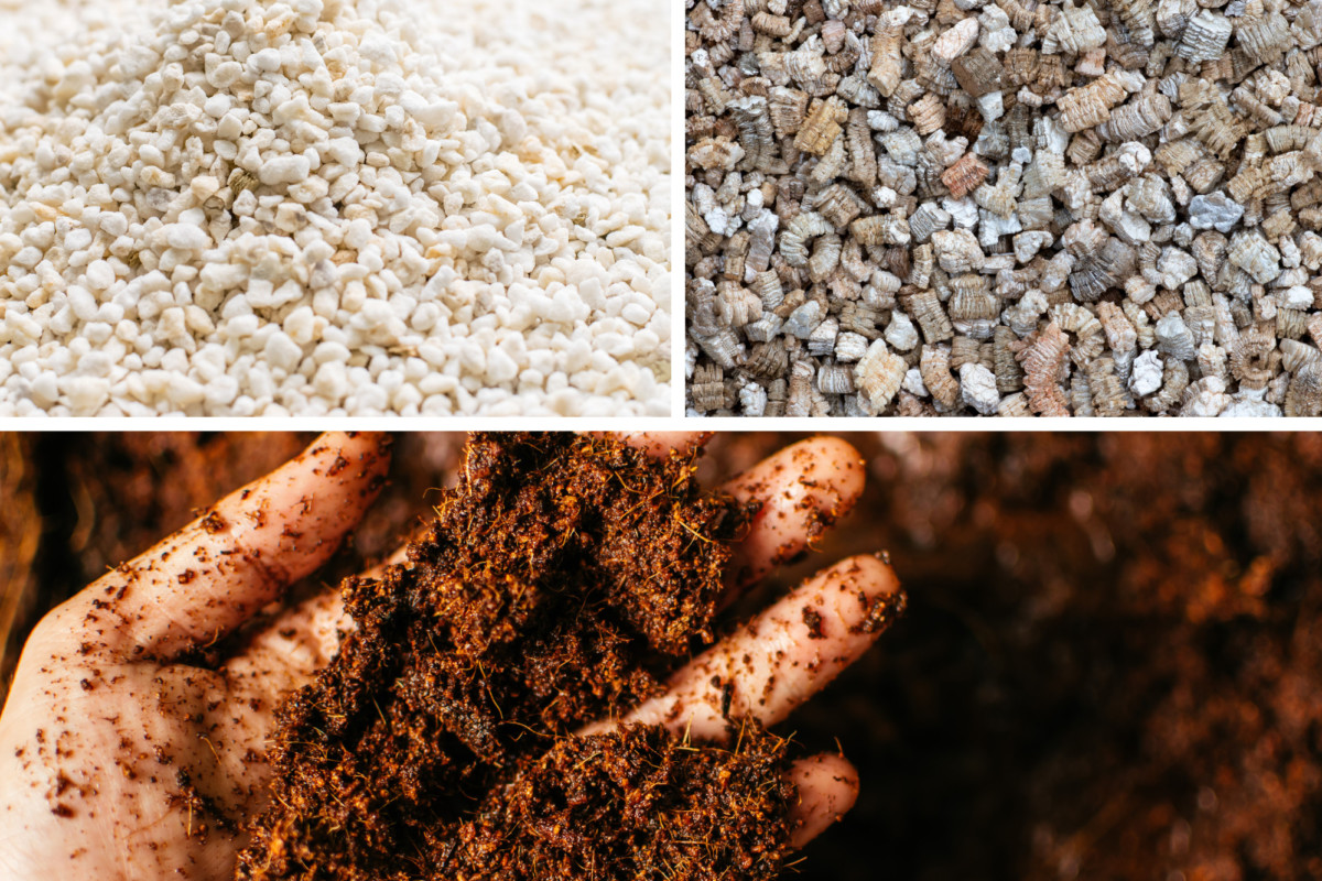 Photo collage of perlite, vermiculite and a hand holding coconut coir.