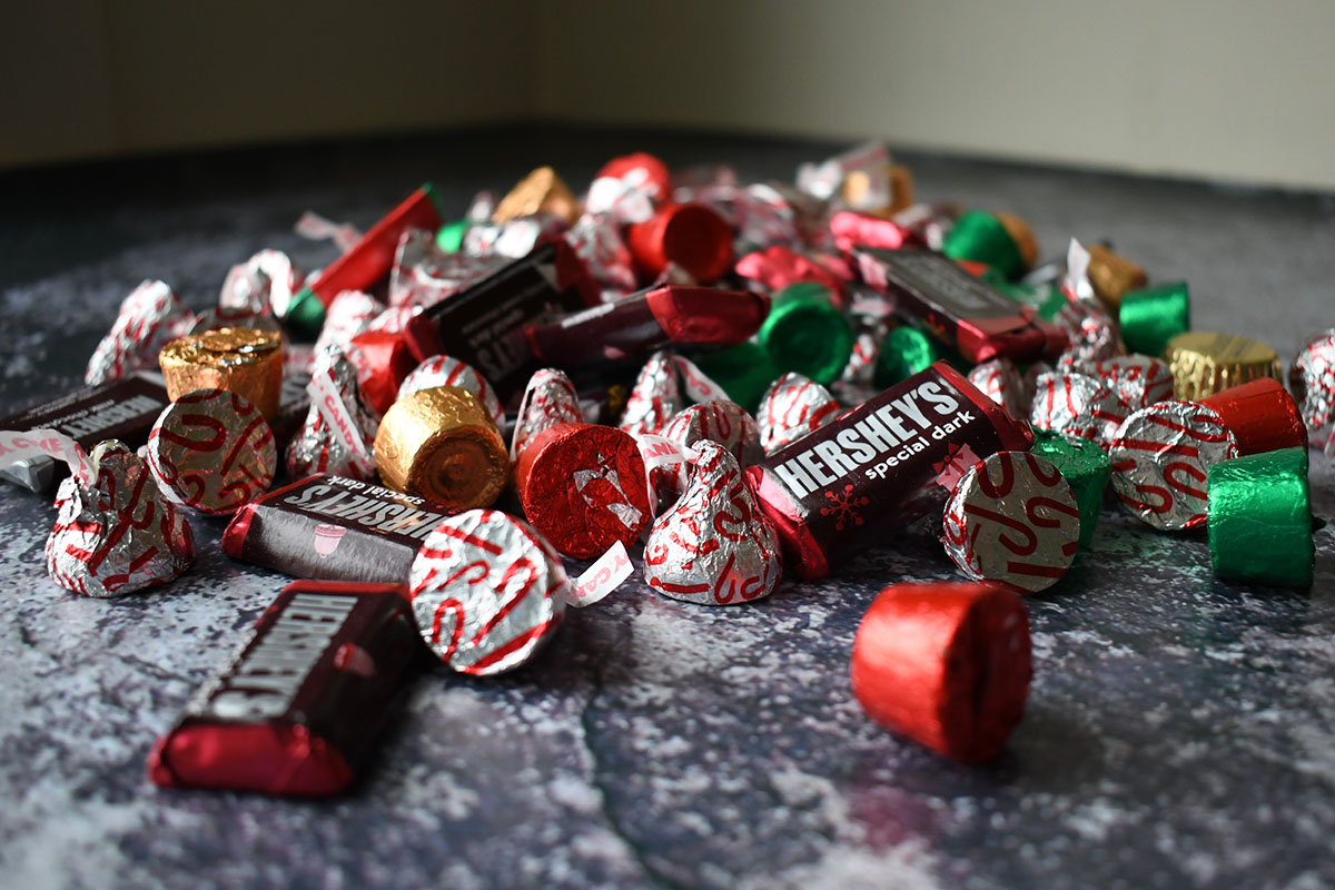 Close up of assorted Christmas chocolates.
