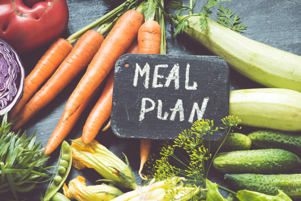 Sign that reads "meal plan" set on top of various vegetables.