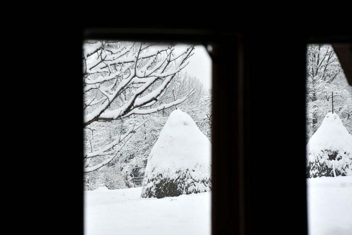 View of snow covered haystacks from a window. 