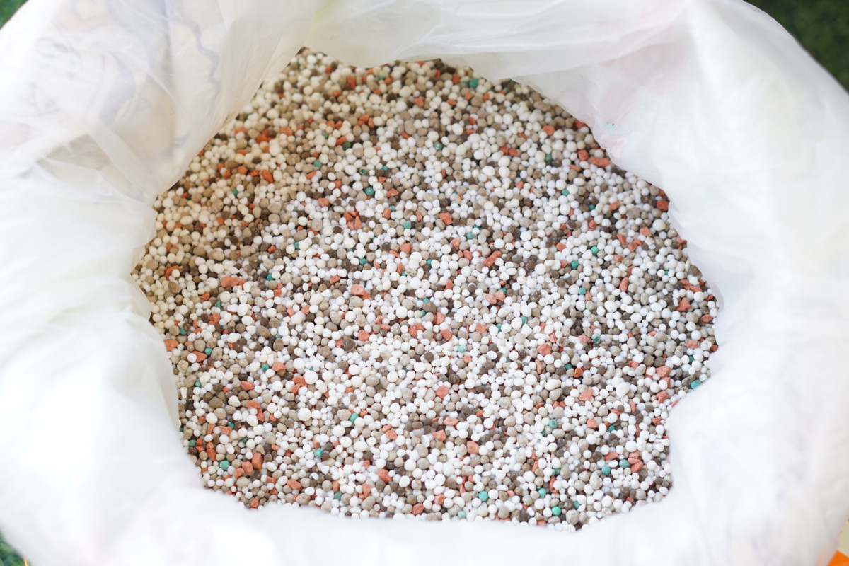 Synthetic fertilizer pellets in a bag. 