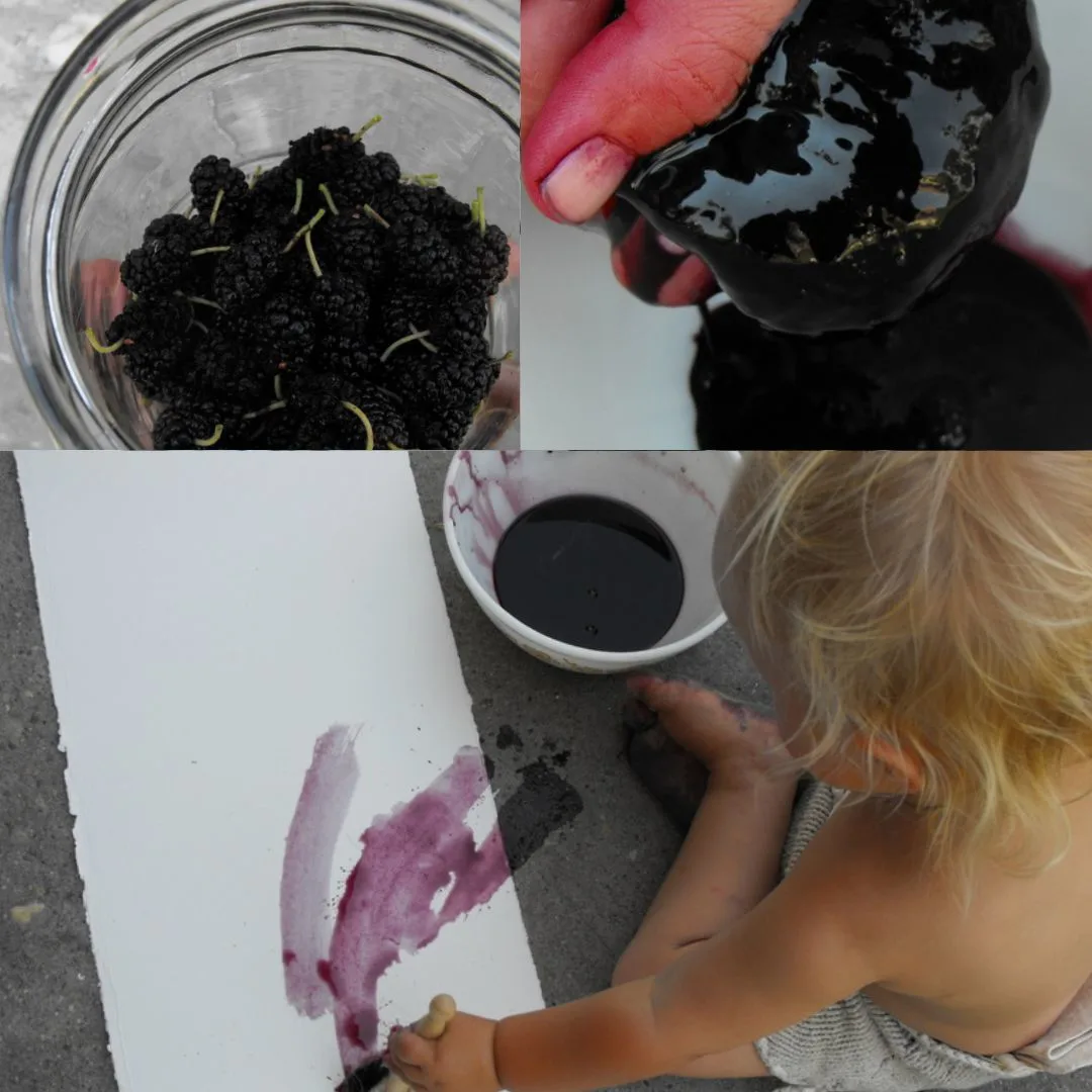 Three photo collage: mulberries in a jar, child painting with mulberry juice, hand holding mulberry pulp. 