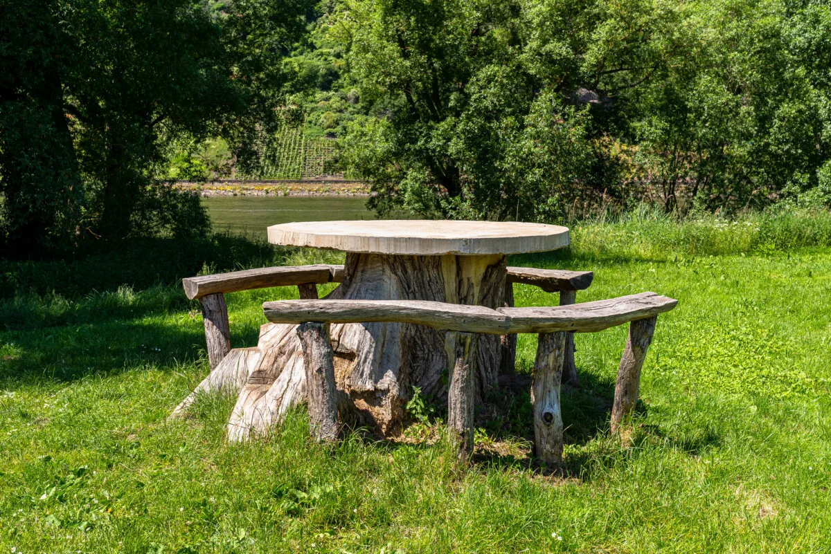 Outdoor table made from a large tree stump. Surrounding chairs made from split logs. 