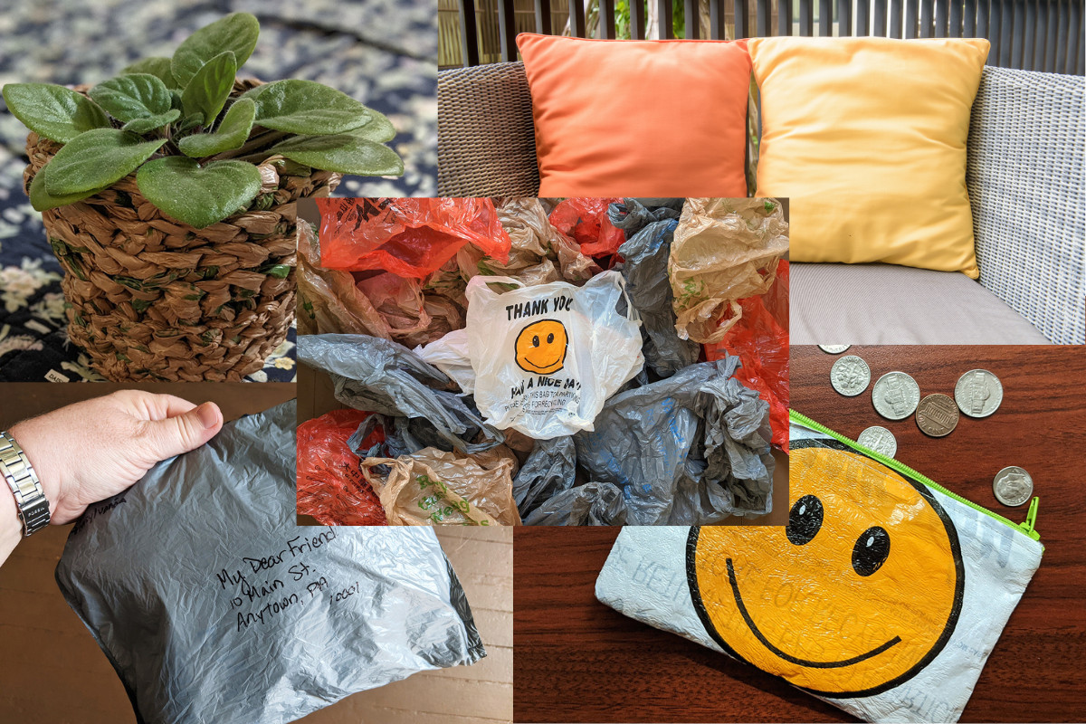 photo collage of plastic bags and projects to reuse them.