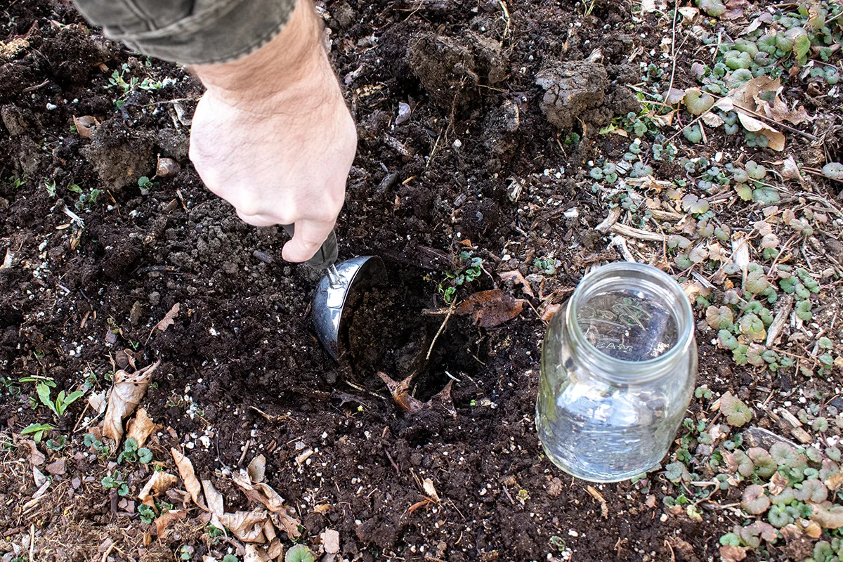 Man's hand using a garden trowel to dig into the ground. A jar is next to the hole he is digging.