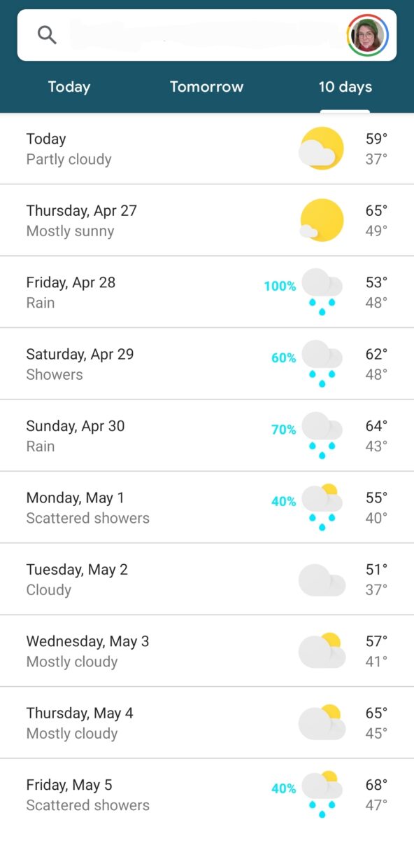 Screenshot of a ten-day weather forecast.