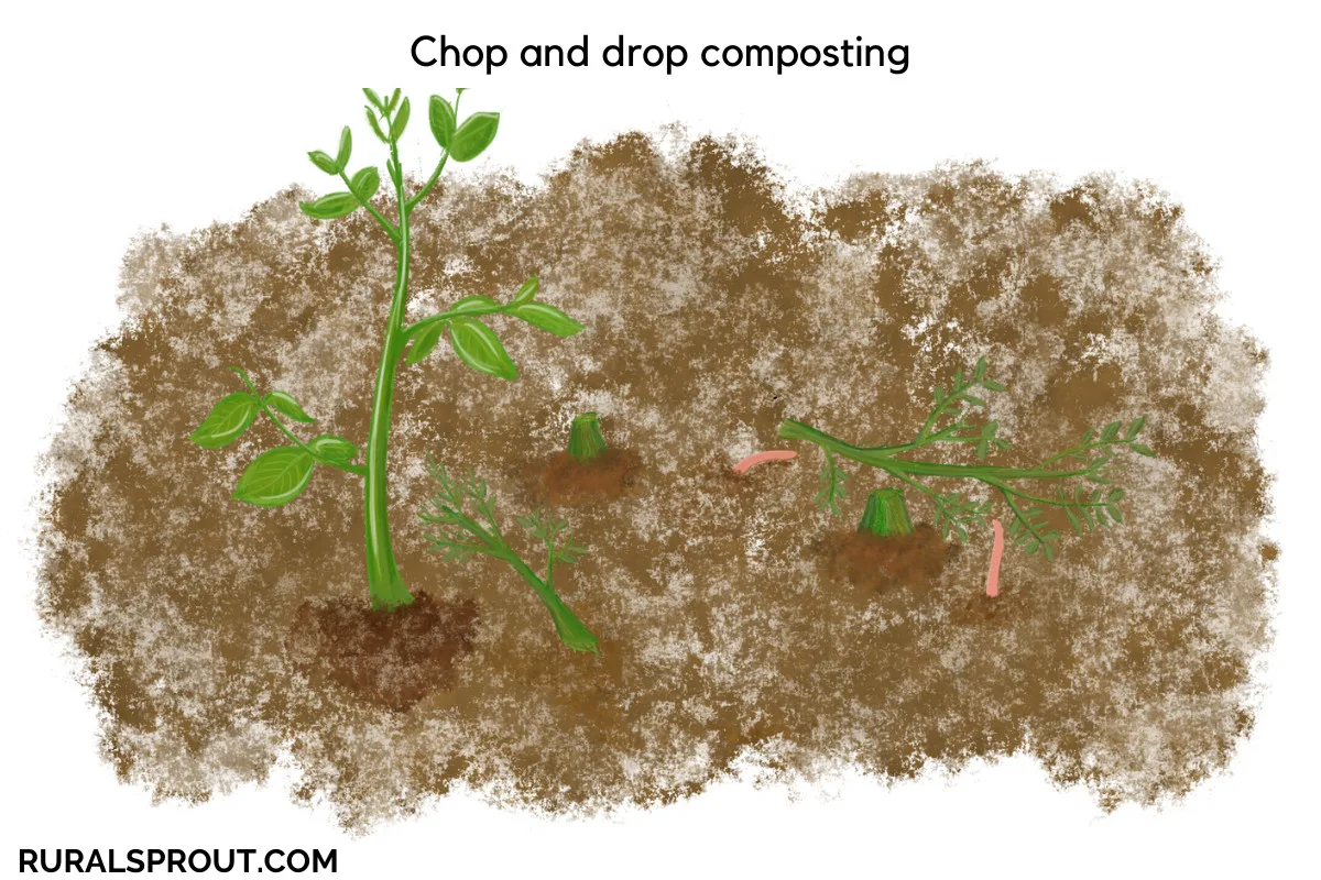 Digital drawing of plants being chopped and dropped for worms to decompose