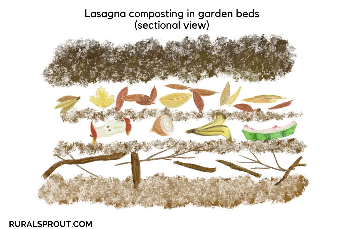 Digital illustration showing lasagna composting