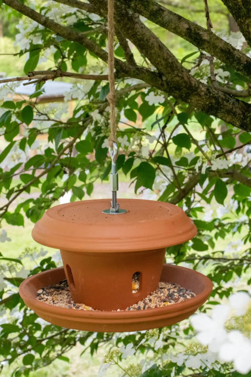 A bird feeder made from terracotta pots and saucers. 