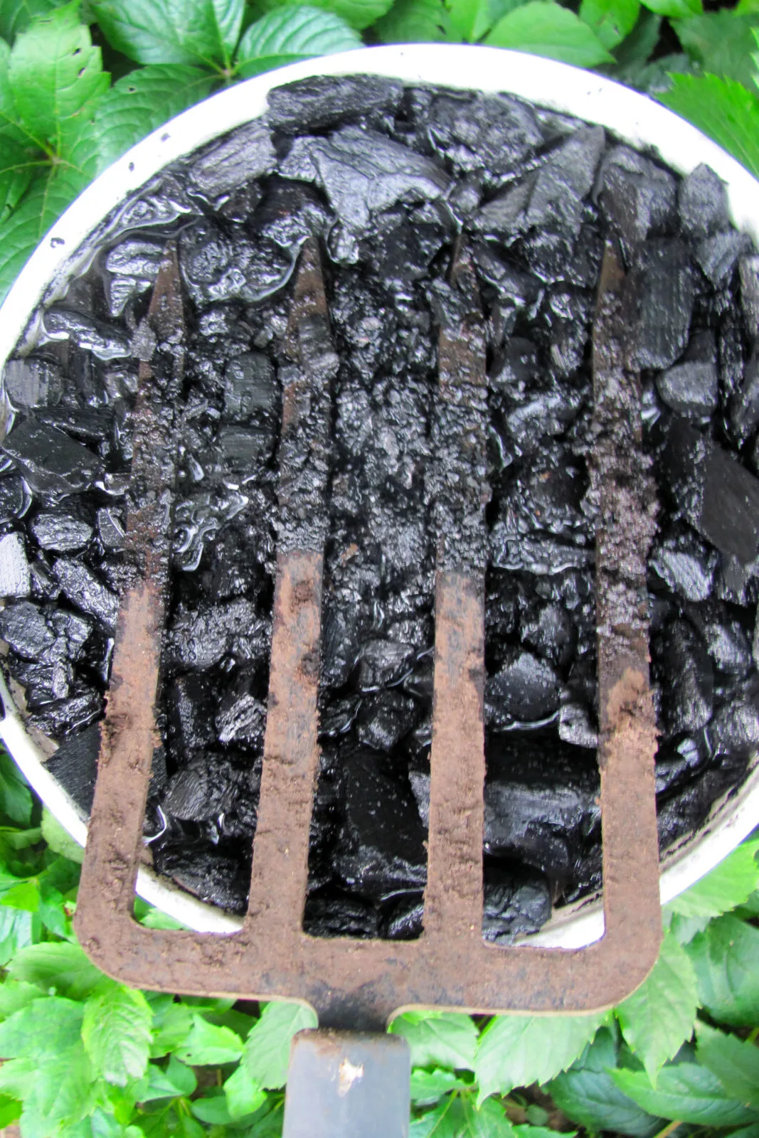 Garden fork pressing charcoal back down into a bucket