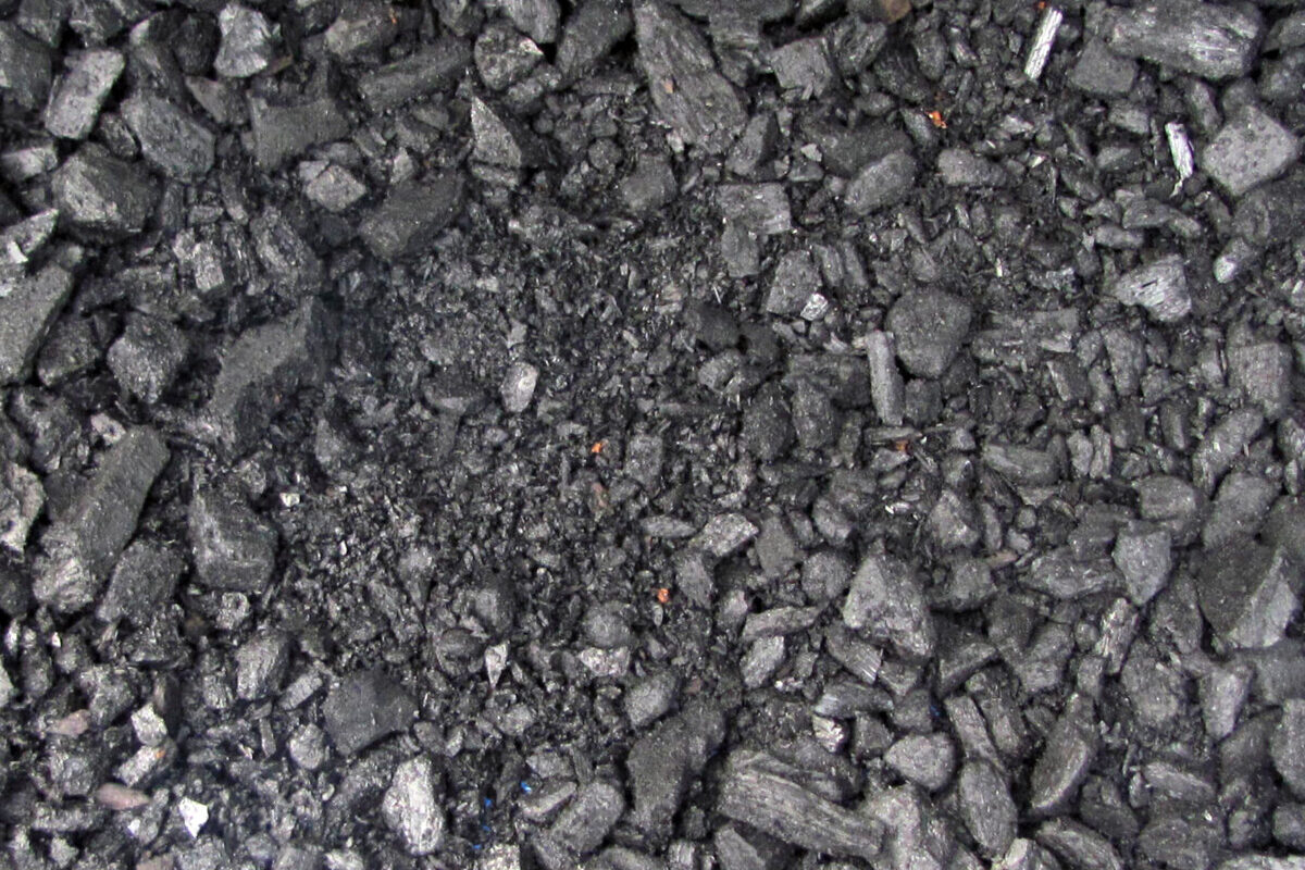 Different sized chunks of wet charcoal