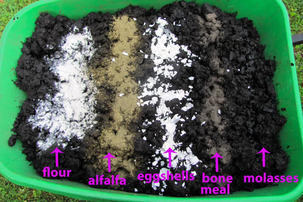 Wheelbarrow filled with biochar and different types of nutrients labeled in the photo: flour, alfalfa, eggshells, bone meal and molasses